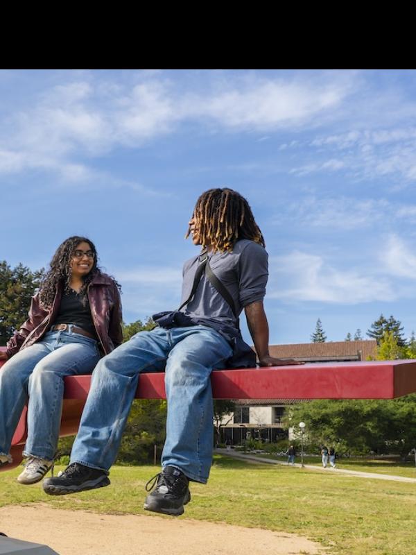 Students talking together while sitting on the Porter Squiggle photo, blue sky