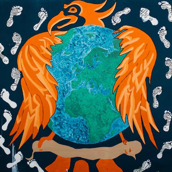 Mural on campus showing a phoenix embracing the Earth