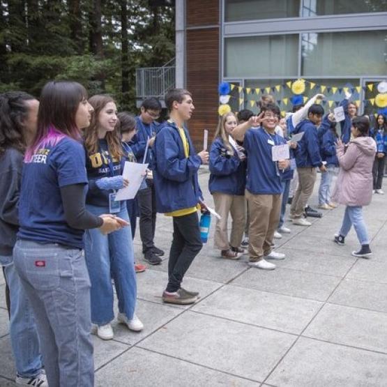 Tour guides getting ready for a campus tour