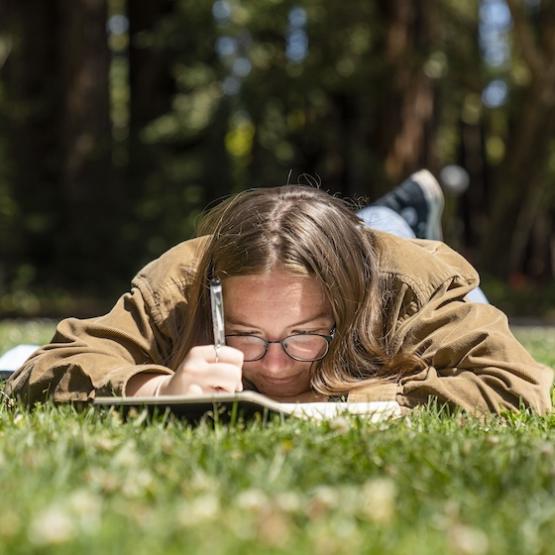 Student studying outside on lawn