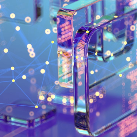 Abstract graphic showing geometric shapes and computer components